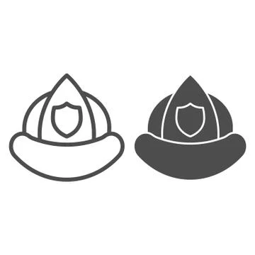 Firefighter helmet line and solid icon. Fireman protection hat with shield Stock Illustration
