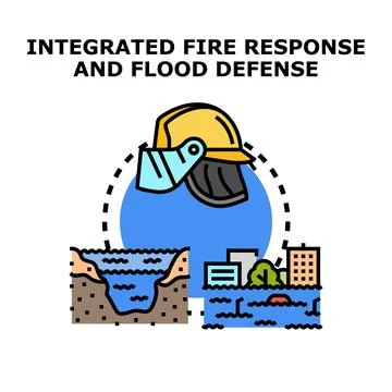 Firefighter helmet overseeing integrated fire and flood defense Stock Illustration
