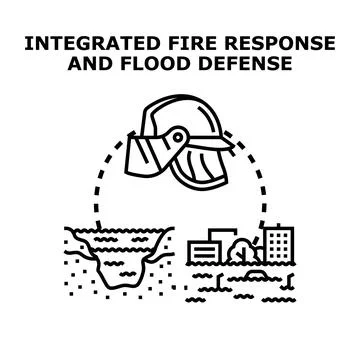 Firefighter helmet overseeing integrated fire and flood defense Stock Illustration