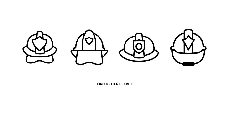 Firefighter helmet vector icon set black filled and outlined style. Stock Illustration