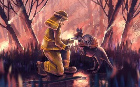 Firefighter helping kangaroo and koala bear from wildfire Stock-Illustration