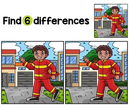 Firefighter Holding Hard Hat Find The Differences Stock Illustration