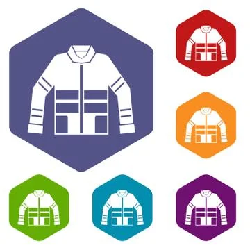 Firefighter jacket icons set Stock Illustration