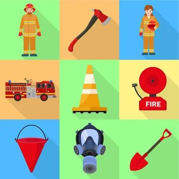 Firefighter job icon set, flat style Stock Illustration