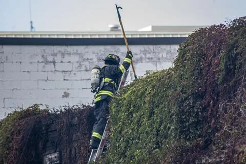 Firefighter on a ladder Stock Photos