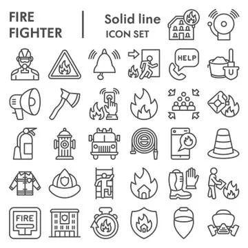 Firefighter line icon set, Fire safety symbols set collection or vector sketches Stock Illustration