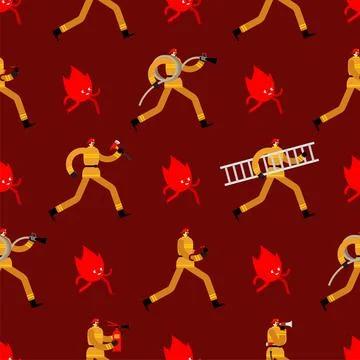 Firefighter pattern seamless. fireman background. firefighter run on fire tex 스톡 일러스트