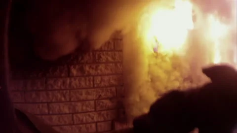 Firefighter Point of View Approaches Burning Building House Fire Stockbeeldmateriaal 244321053