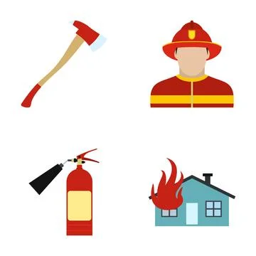Firefighter protection tools and house on fire symbols Stock Illustration