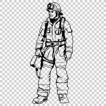 Firefighter In Protective Gear Standing helmet black uniform Stock Illustration