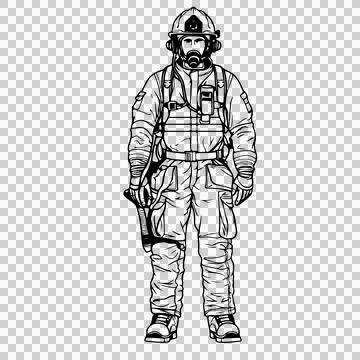 Firefighter In Protective Gear Standing Straight helmet Stock Illustration