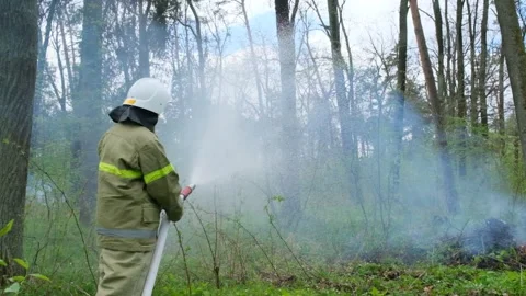 A firefighter puts out a fire in the forest with water Stock Footage 300765317