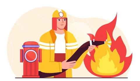 Firefighter puts out fire. Man in protective uniform with fire hose extinguishes Stock Illustration