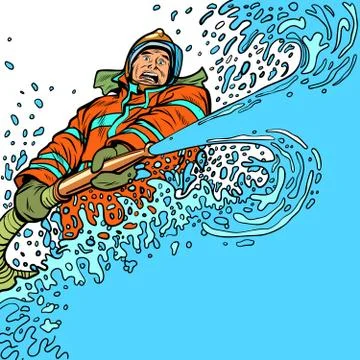 Firefighter puts out fire with water from a fire engine Illustrazione stock