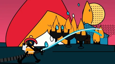 Firefighter Putting Out Forest And House Fire Cartoon Animation Stock Footage 341754831