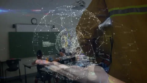Firefighter raising hand in school class, summoning code into spinning wireframe Stock Footage 311085525