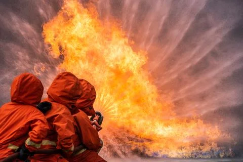 Firefighter Rescue training to stop burning flame, Fireman wear hard hat an.. Stock Photos