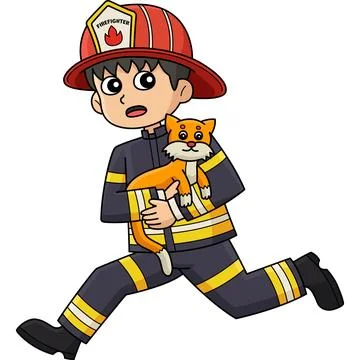 Firefighter Running Away with Cat Cartoon Clipart Stock Illustration