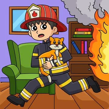 Firefighter Running Away with Cat Colored Cartoon Stock Illustration