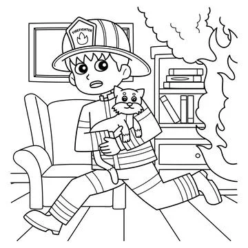 Firefighter Running Away with a Cat Coloring Page Stock Illustration