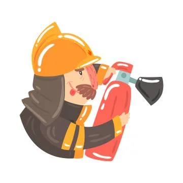 Firefighter in safety helmet and protective suit holding fire extinguisher Stock Illustration