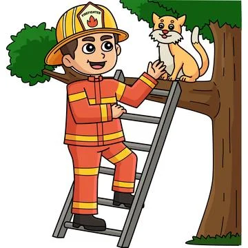 Firefighter Saving a Cat Cartoon Colored Clipart Stock Illustration