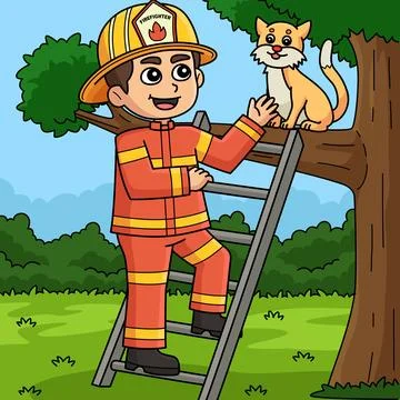 Firefighter Saving a Cat Colored Cartoon Stock Illustration