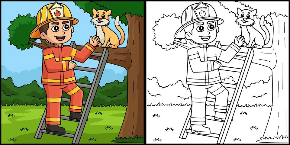 Firefighter Saving a Cat Coloring Illustration Stock Illustration