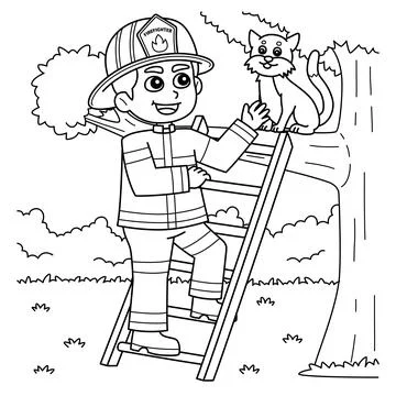 Firefighter Saving a Cat Coloring Page for Kids Stock Illustration