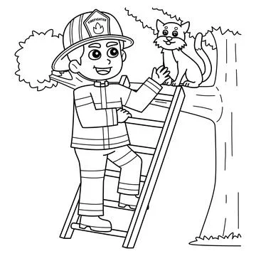 Firefighter Saving a Cat Isolated Coloring Page Stock Illustration