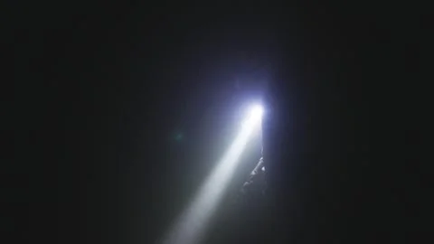 Firefighter Searching in Dark Building with Flashlight at Night Stock Footage 288084335