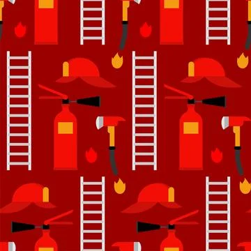 Firefighter set pattern seamless. Fire extinguisher and axe background. ladde Stock Illustration