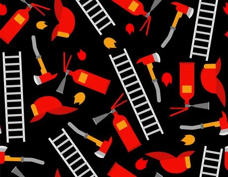 Firefighter set pattern seamless. Fire extinguisher and axe background. ladde Stock Illustration