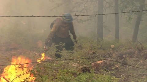 Firefighter setting back fire with drip torch with fire and fence in foreground Stock Footage 40955015