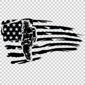 Firefighter Silhouette Over Distressed Flag standing uniform Stock Illustration
