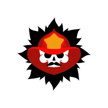 Firefighter Skull in helmet sign. Fire ax and flame. Fire department symbol.  Stock Illustration