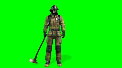 Firefighter Standing with Fire Axe in Hand:  Matte + Green Screen Video stock 147059769