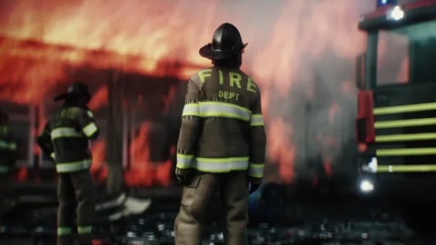 Firefighter Standing in Front of Burning House Surrounded by Flames Stock Footage 336516089