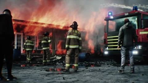 Firefighter Standing in Front of Burning House Surrounded by Flames 스톡 동영상 336516090