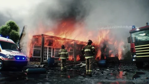 Firefighter Standing in Front of Burning House Surrounded by Flames 스톡 동영상 336516091
