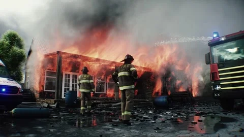 Firefighter Standing in Front of Burning House Surrounded by Flames 스톡 동영상 336516092