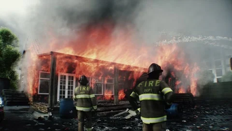 Firefighter Standing in Front of Burning House Surrounded by Flames 스톡 동영상 336516093