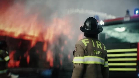 Firefighter Standing in Front of Burning House Surrounded by Flames 스톡 동영상 336516096