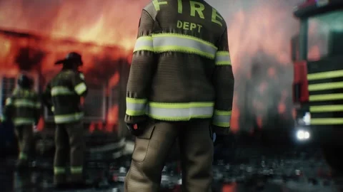 Firefighter Standing in Front of Burning House Surrounded by Flames 스톡 동영상 336516099
