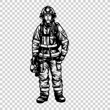 Firefighter Standing In Full Gear Uniform person helmet line Stock Illustration