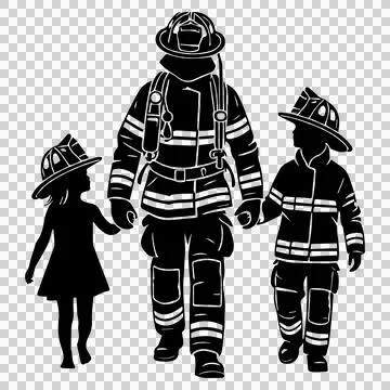 Firefighter Standing With Two Children In Uniform person Stock-Illustration