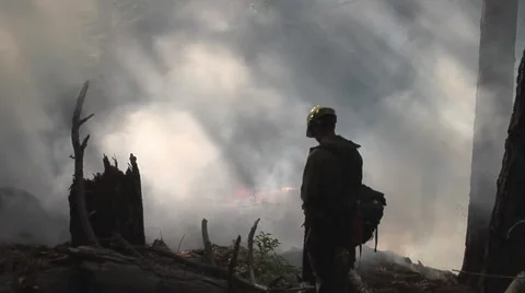 Firefighter standing watch over burned out area, sunlight streaming thru smoke Stock Footage 40954456