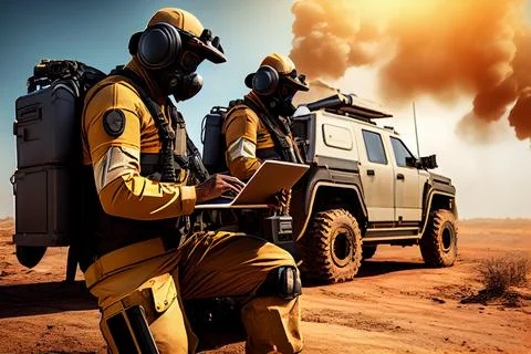 Firefighter team in gas mask working with laptop all terrain SUV on background. Stock Illustration