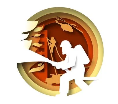 Firefighter team paper cut 3d vector icon Illustrazione stock