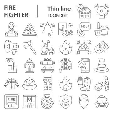 Firefighter thin line icon set, Fire safety symbols set collection or vector Stock Illustration